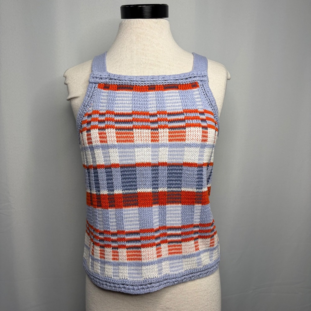 Banana Republic Womens Blue Orange Plaid Knit Cotton Tank Top Square Neck S